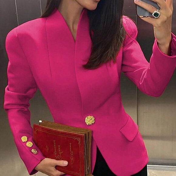 Jackets & Blazers - Hot Pink Elegant Women's Solid Single Button Long Sleeve Blazer